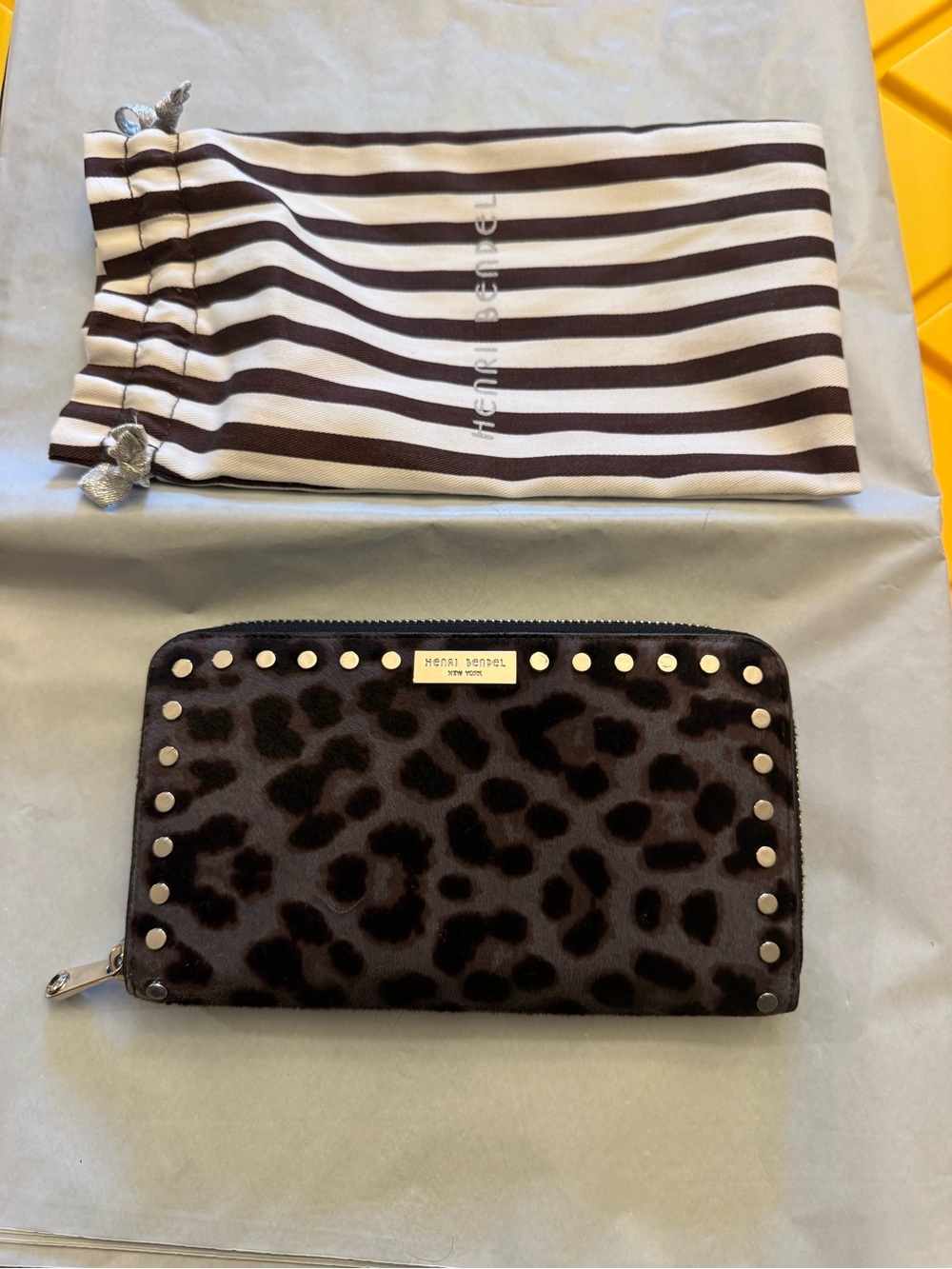 Henri Bendel Leather Leopard Calf Hair Wallet Studded DustBag